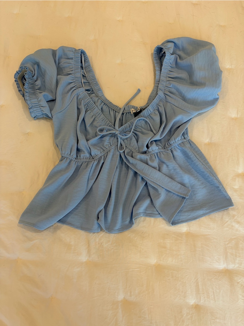 Light Blue Puff Sleeve Split Top